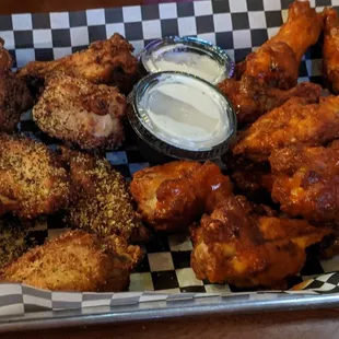 20 piece wings. Half lemon pepper and half buffalo hot.