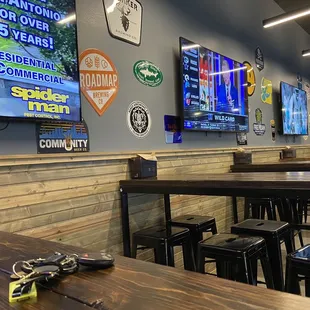 a bar with tables and stools