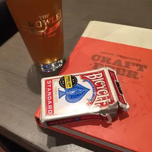 Craft beer, yummy cheese dip with soft pretzels, cards and fun!