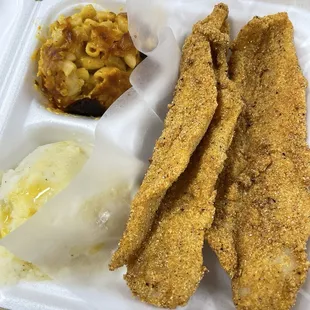 Catfish dinner with Homemade Mashed Potatoes and Cat's Mac and Cheese