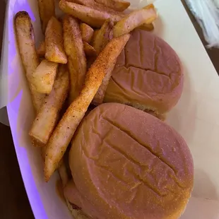 Chicken sliders and fries.   Yummy!  Love the grub sauce!