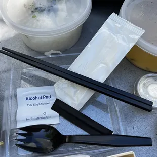 Utensil set - plastic chopsticks, spork, alcohol wipe, wet wipe and toothpick