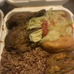 Jerk chicken, rice &amp; peas, plantain, vegetables, festival