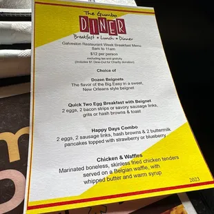 Breakfast menu for restaurant week.