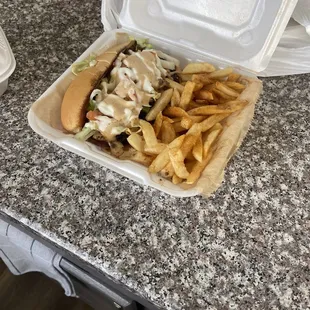 Loaded cheesesteak w/ lobster and fries