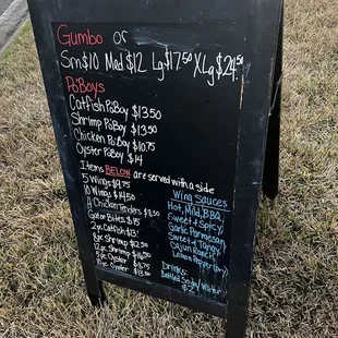 the menu for the gumbo meal