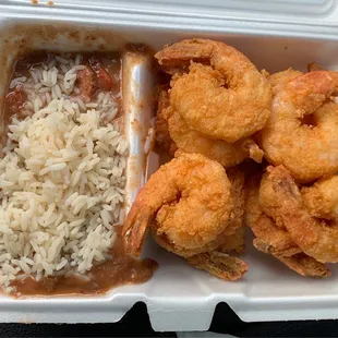 Jumbo shrimp dinner with red beans and rice