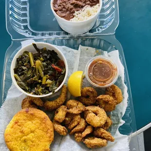 Fried Shrimp Platter Quart of Red Beans Cornbread Side Of Braised Collard Greens