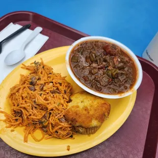 Seafood gumbo with sweet potato salad and cornbread