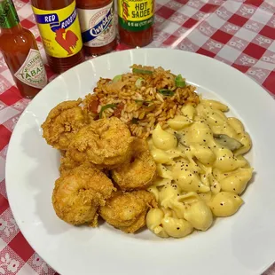 Fried Shrimp Plate with Creole Rice and Mac n Cheese