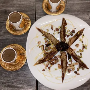 Kurdish Baklava and Kurdish coffee (tastes like a nutty hot cocoa/chocolate)