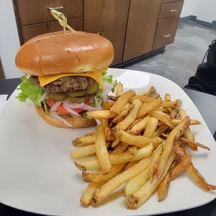 a hamburger and french fries