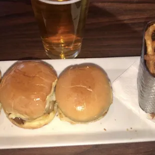 Cheese burger sliders and curly fries