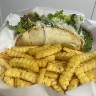 Traditional lamb and beef gyro with fries