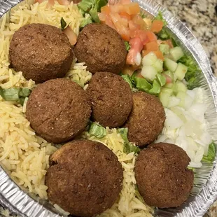 Falafel platter with rice and salad