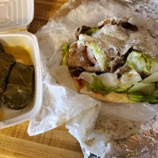Traditional Gyro, stuffed Grape Leaves