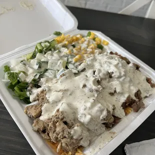 Combo platter with hot sauce on the side.