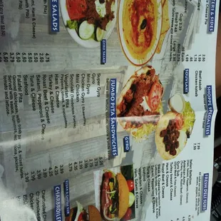 a menu with a variety of food items