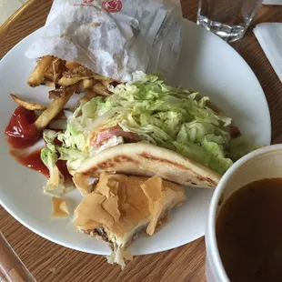 Mini Chicken Gyro, fries, baklava and lentil soup.