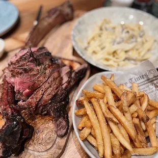 Wet aged tomahawk, fries, pappardelle pasta