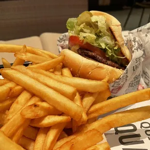 Char burger and fries