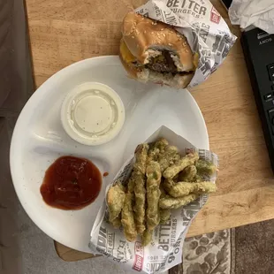 Cheese burger &amp; tempura green beans with ranch dressing