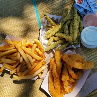 Fries, Onion Rings &amp; Tempura Green Beans (w/ sauces included)