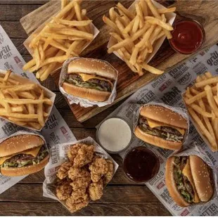 a variety of burgers and fries