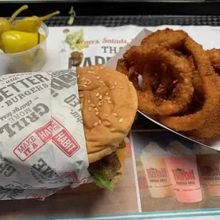 CharBurger, Onion Rings, Peppers.