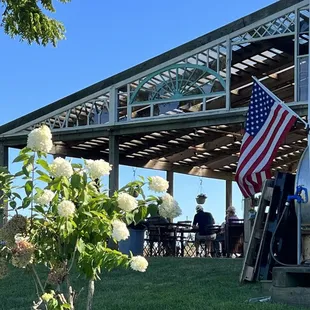 an american flag in the foreground