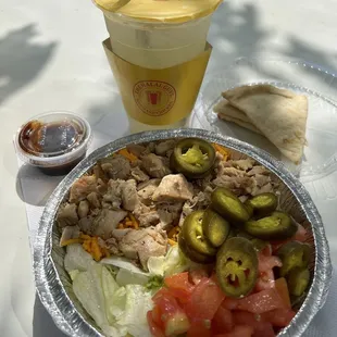 Chicken bowl and mint lemonade.