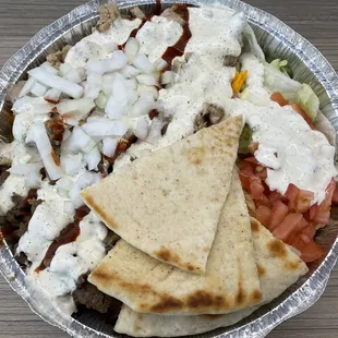 Combo (Chicken and Gyro) Platter w/ white sauce, hot sauce, &amp; onions