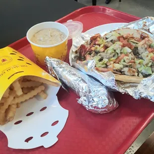 Chicken Gro Sandwich, Fries, Pita Bread, and Baba Ghanoush Dip