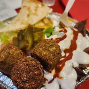 Small platter with gyro beef and falafel
