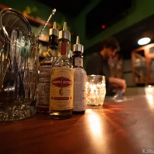 bottles of liquor on a bar counter