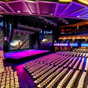 an empty stage with rows of chairs