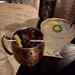 Blackberry mule and jalapeño margarita