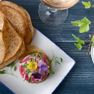 Tuna Tartare-avocado, honey chili vinaigrette, taro chips