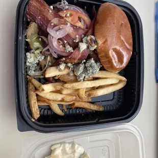 The Bacon and Bleu-ish to go. I've already eaten about 2/3ds of the fries while waiting on Yelp.