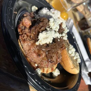 Peppercorn Aioli burger and side of blue cheese potato salad