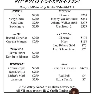 the price list for the restaurant