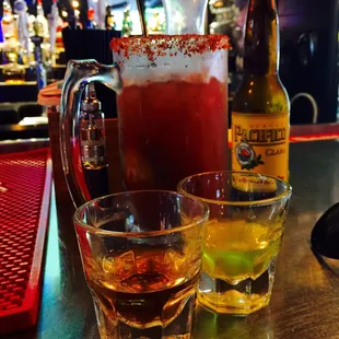 Hit the spot Michelada and Jameson pickle backs