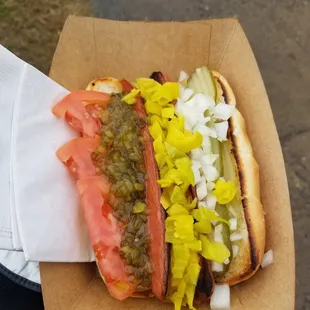 a hot dog with relish and onions