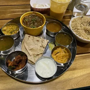 Meat Thali and biryani.  Highly recommend thali, skip the biryani.