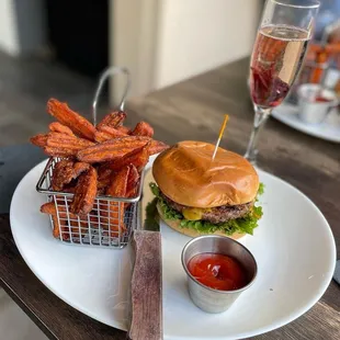 Short rib burger with sweet potato fries