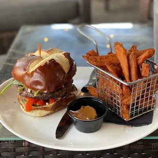 Short rib burger with sweet potato fries