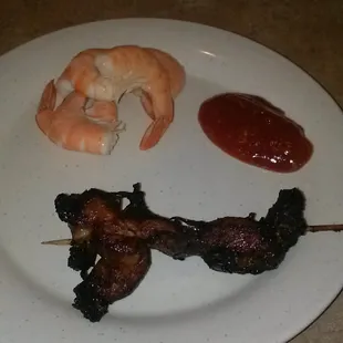 Peel &amp; eat shrimp &amp; Cho Cho Chicken. I always eat peel &amp; eat shrimp (have since I was little!) &amp; Cho Cho Chicken was awesome!