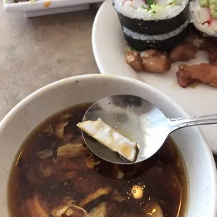 A white plastic inside the soups its look like tofu after I chewed then I found out it's a plastic, you gonna get sick