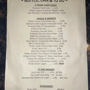 Imports, Bottled, and Canned Beer Menu