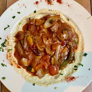 Spicy Lamb over Hummus
